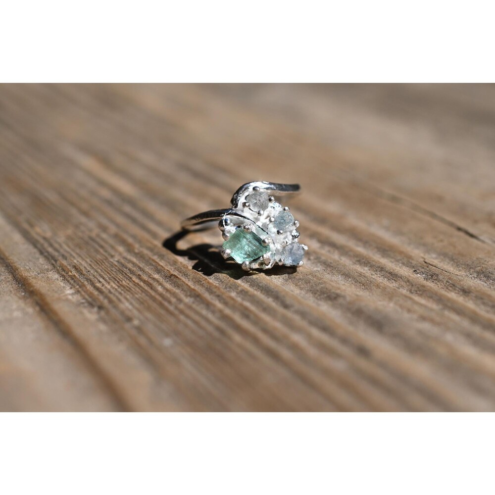 Engagement ring Emerald and Montana Sapphire Unique Raw Bohemian Jewelry Size 3.